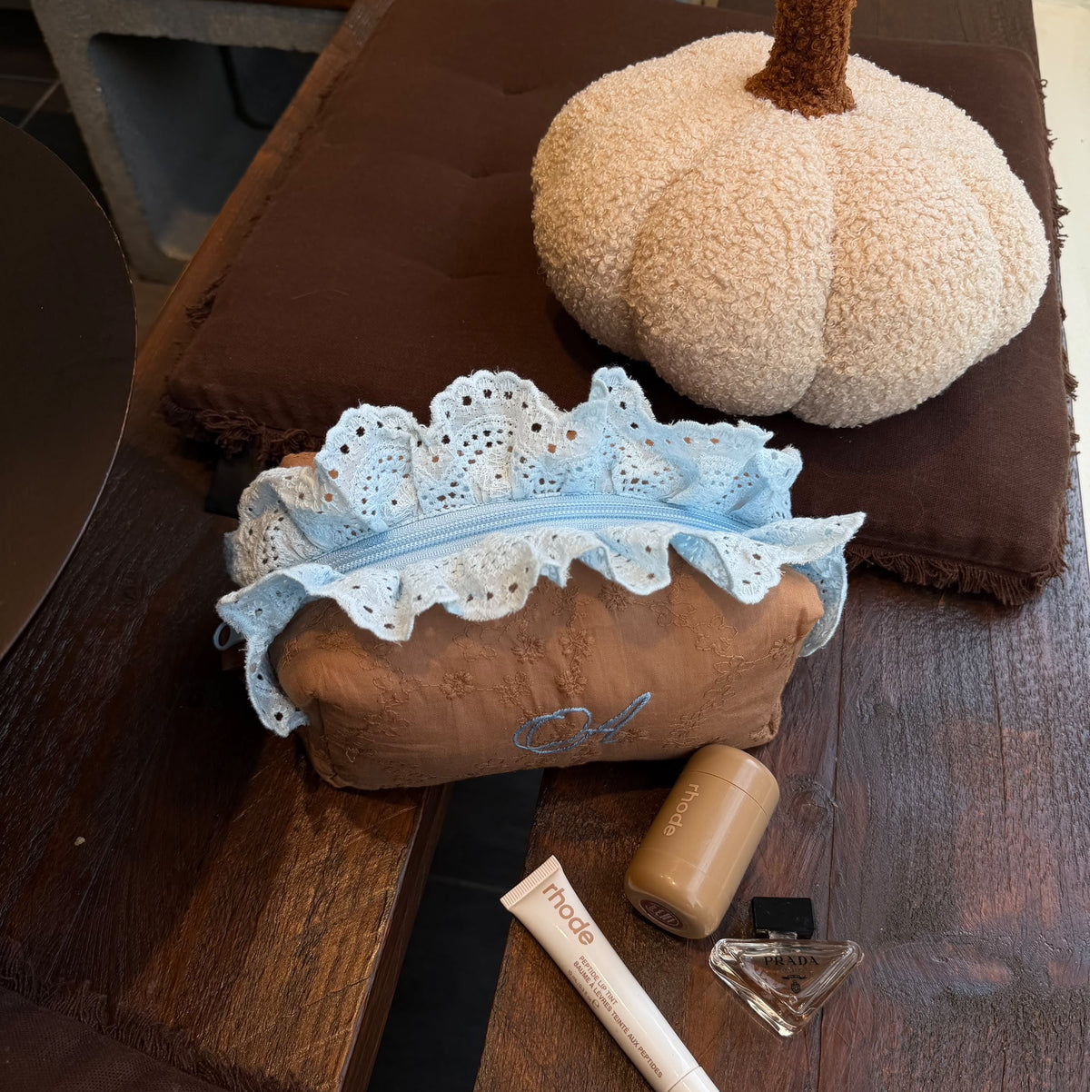 Autumn Brown Letter Pouch with Blue Ruffles | Cosmetic, A5 Book & iPad Sleeve