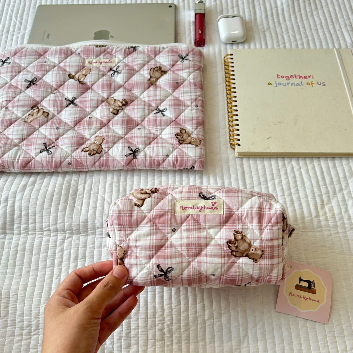 matching pink teddy bear laptop sleeve and cosmetic pouch handmade gift set