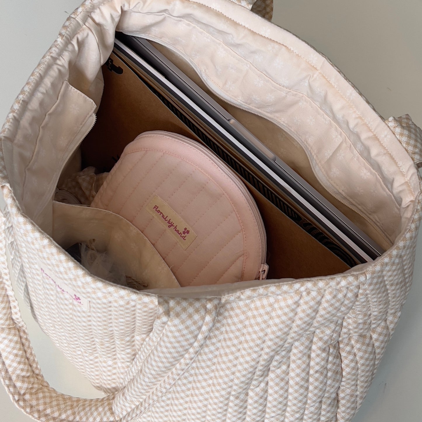 Vanilla Gingham Quilted Tote Bag