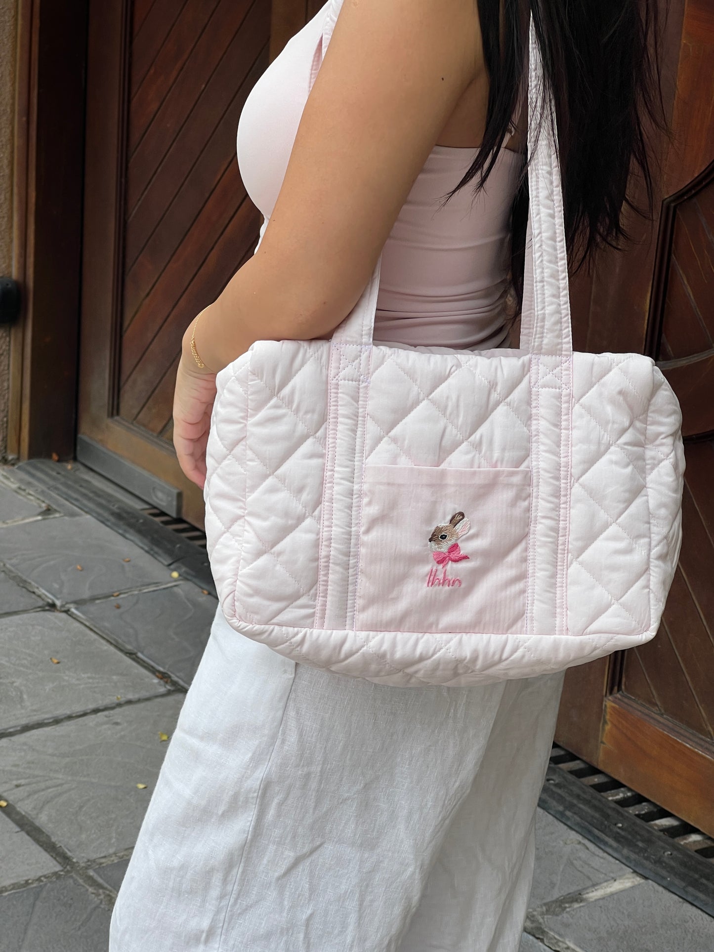 Pastel Pink Duffle Bag Quilted Tote Bag