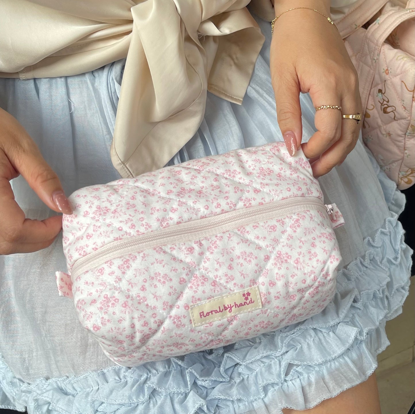 floral pastel pink soft quilted bbeauty case make up bag cosmetic bride bridesmaids gift