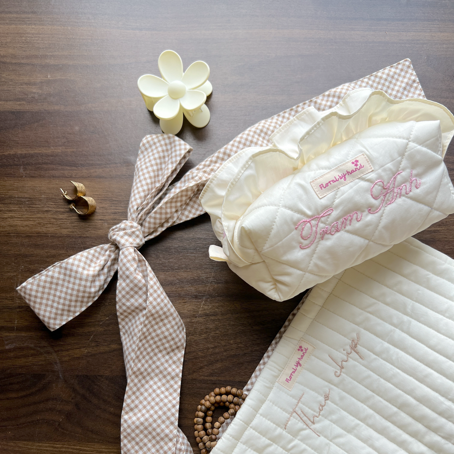 handmade soft quilted pastel pink cosmetic pouch with embroidery name customization ruffles pinterest aesthetic coquette makeup bag beauty case vanity girly feminine minimalism princess ballerina barbie white off cream creme vanilla gingham beige butter toiletry