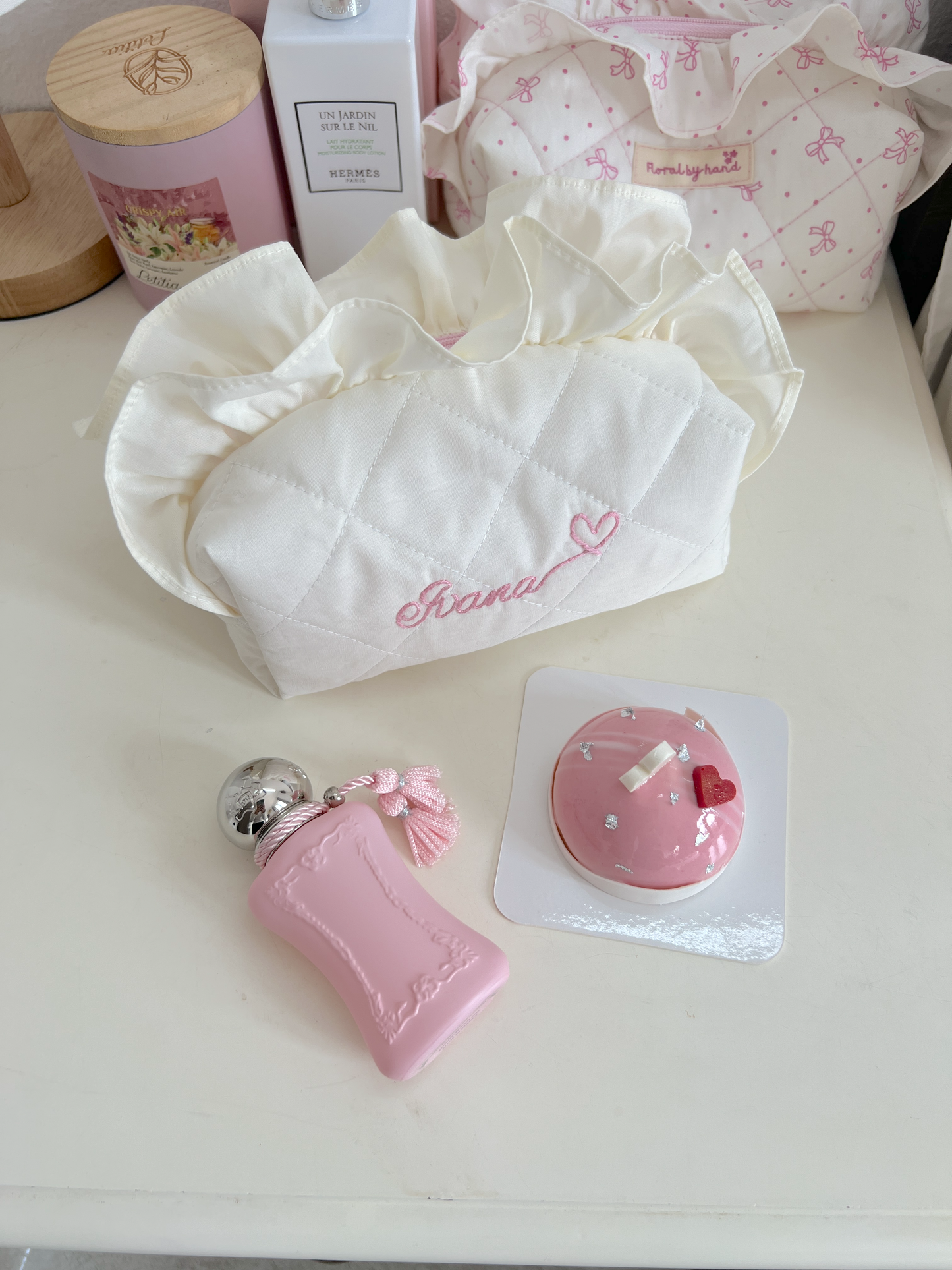 handmade soft quilted pastel pink cosmetic pouch with embroidery name customization ruffles pinterest aesthetic coquette makeup bag beauty case vanity girly feminine minimalism princess ballerina barbie white off cream creme vanilla gingham beige butter
