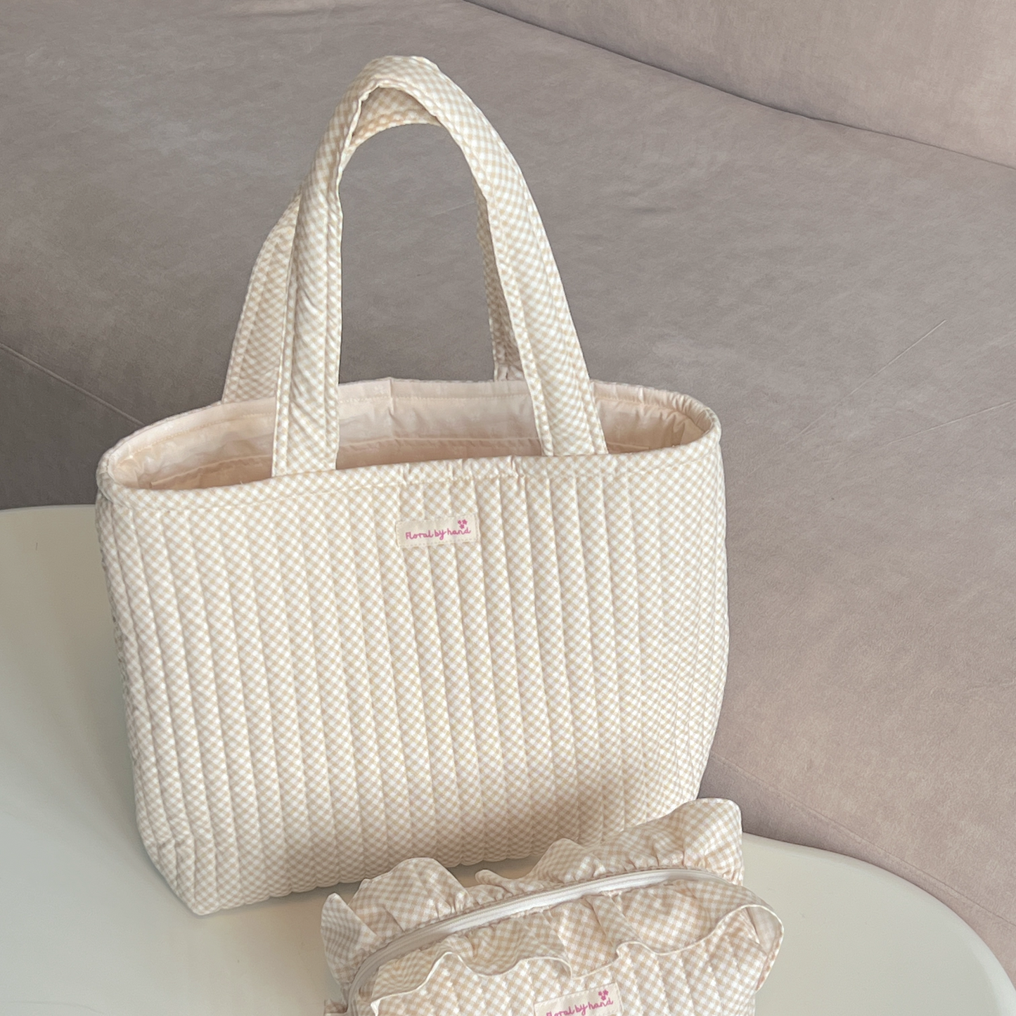 Vanilla Gingham Quilted Tote Bag