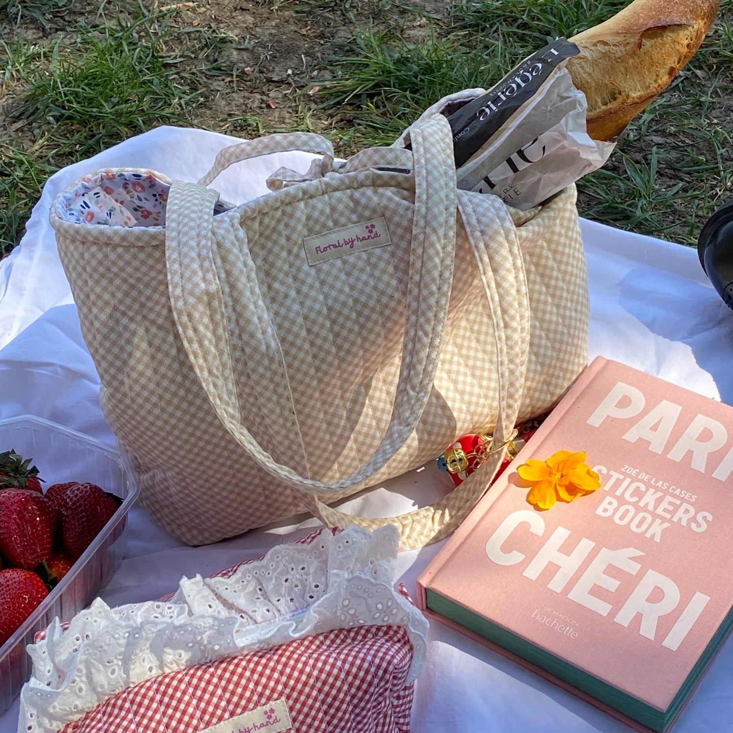 beige cream pastel light brown latte gingham vichy quilted tote bag 