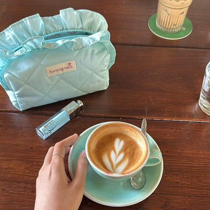 handmade soft quilted pastel pink yellow butter cream white green sage turquoise cosmetic pouch with personalized embroidery name customization ruffles pinterest aesthetic coquette ballerina core makeup bag beauty case vanity girly feminine minimalism princess barbie bridesmaids gift ideal outfit 
