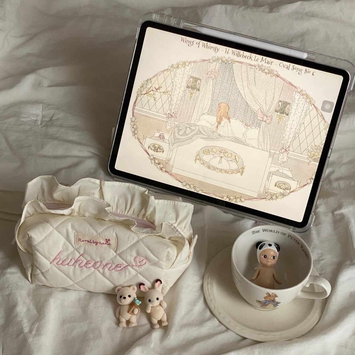 handmade soft quilted pastel pink cosmetic pouch with embroidery name customization ruffles pinterest aesthetic coquette makeup bag beauty case vanity girly feminine minimalism princess ballerina barbie white off cream creme vanilla gingham beige butter toiletry sonny angel 