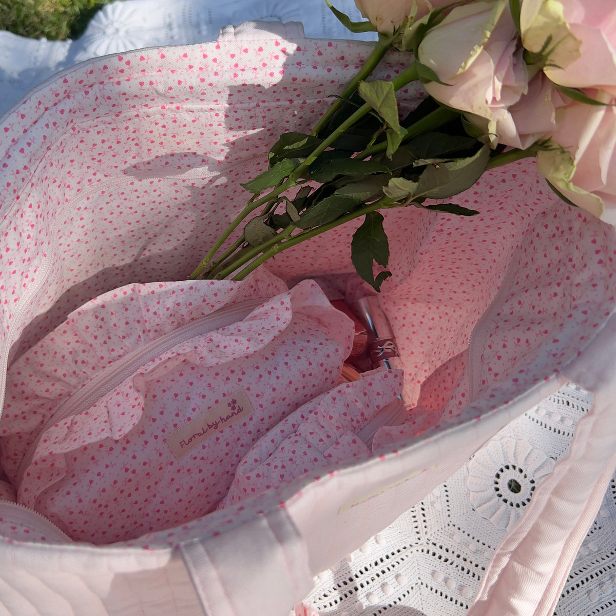 Pastel Pink Quilted Tote Bag - Hand-embroidery optional