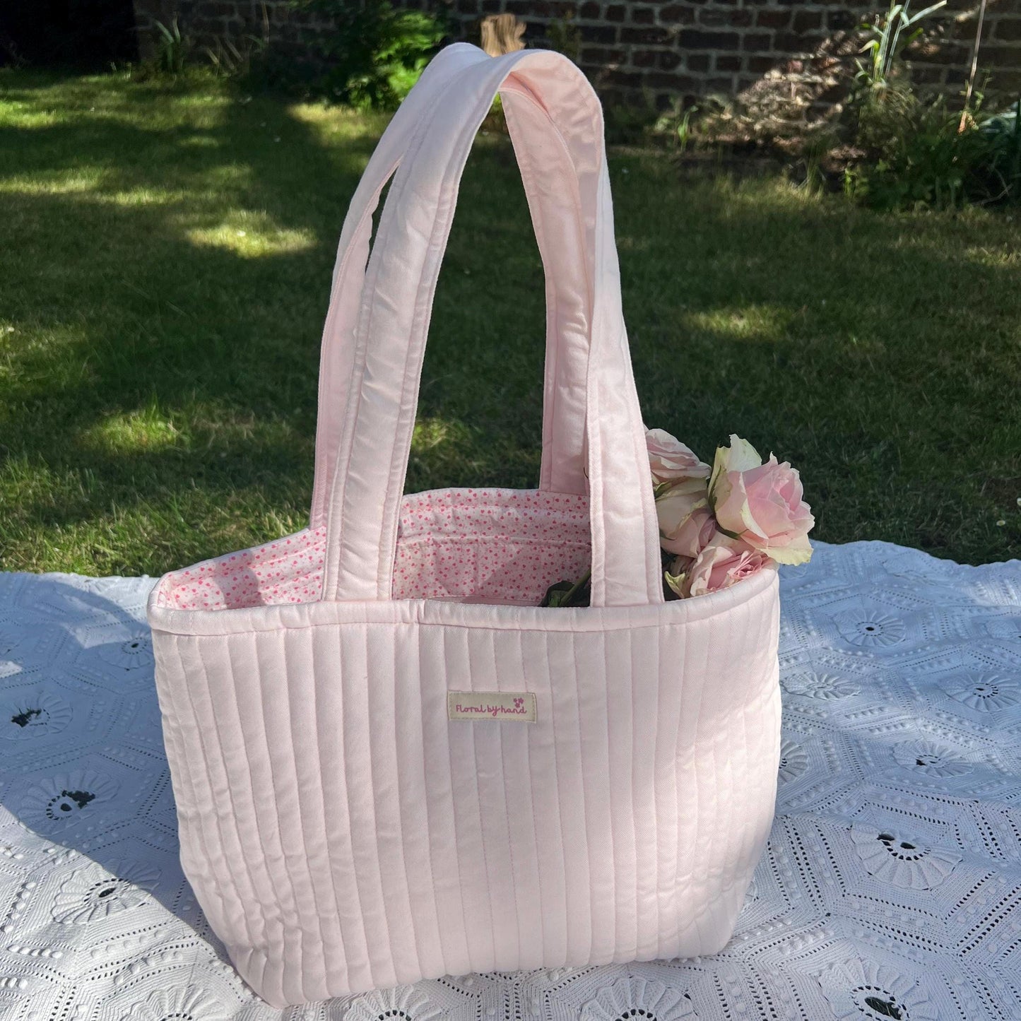 Pastellrosa Herz Gesteppte Tragetasche - Stickerei optional - Handgefertigt