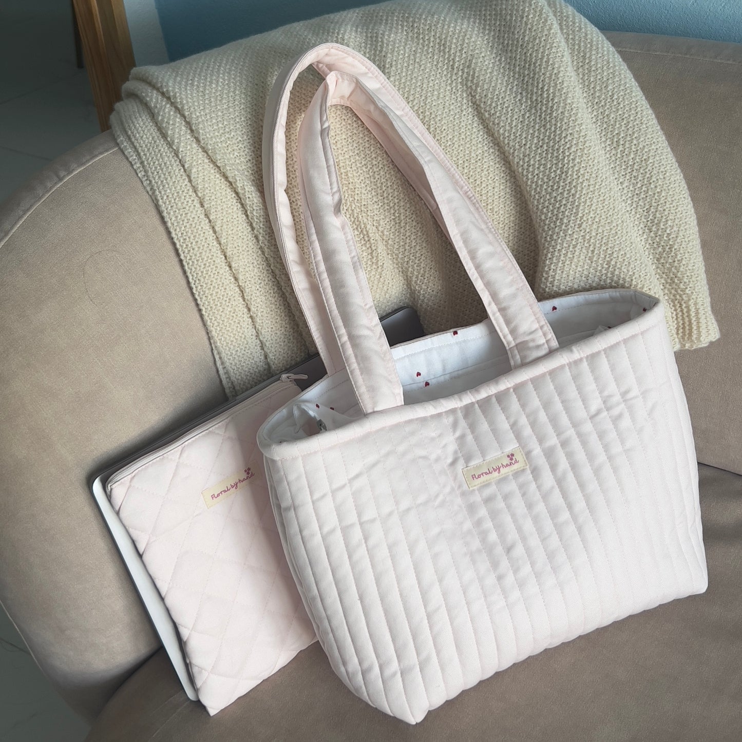 Pastel Pink Quilted Tote Bag - Hand-embroidery optional