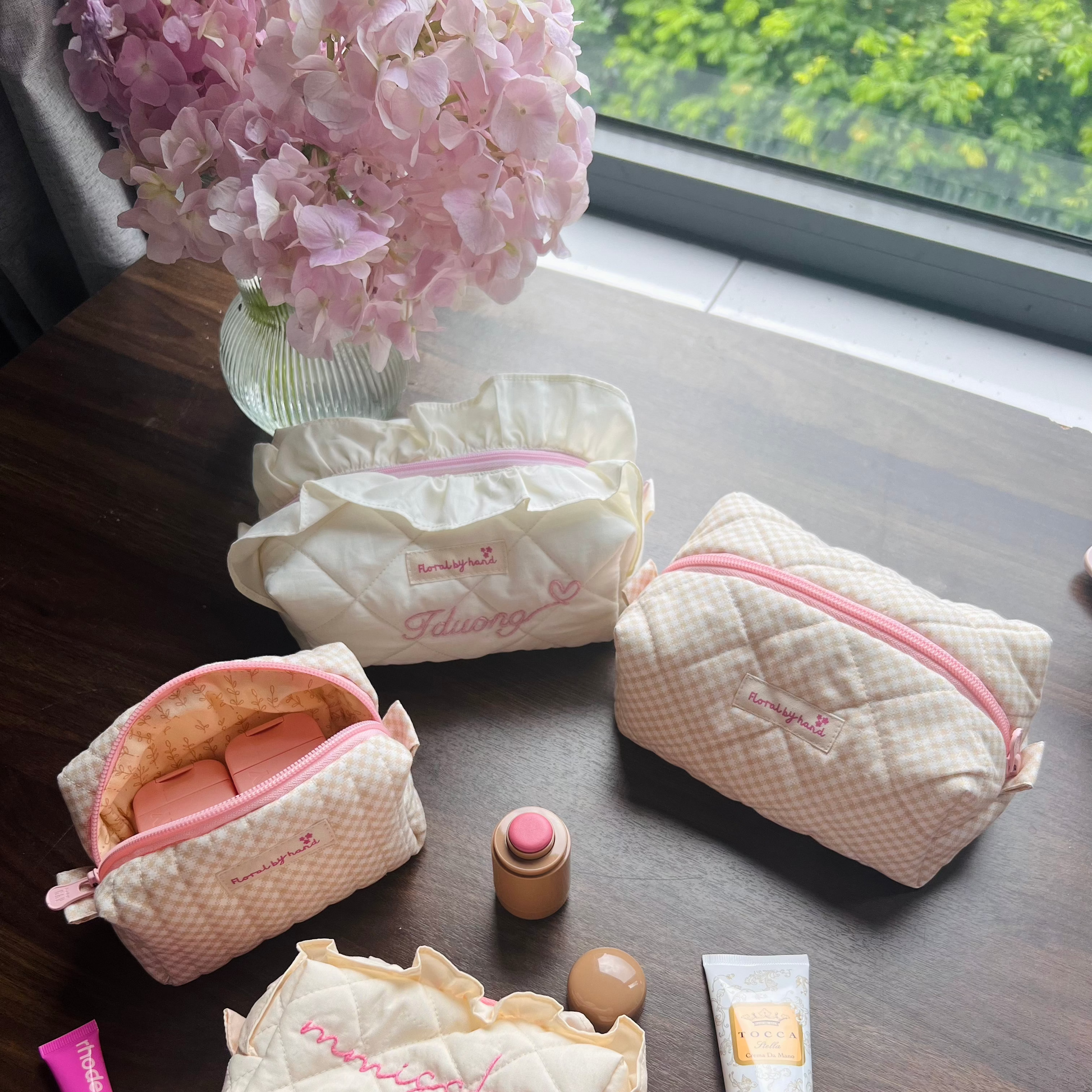 handmade soft quilted pastel pink cosmetic pouch with embroidery name customization ruffles pinterest aesthetic coquette makeup bag beauty case vanity girly feminine minimalism princess ballerina barbie white off cream creme vanilla gingham beige butter 