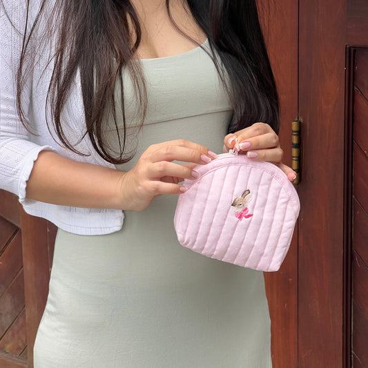 pastel pink polka dots petite bunny hand embroidered quilted shell pouch coin purse make up cosmetic bag pinterest girly 