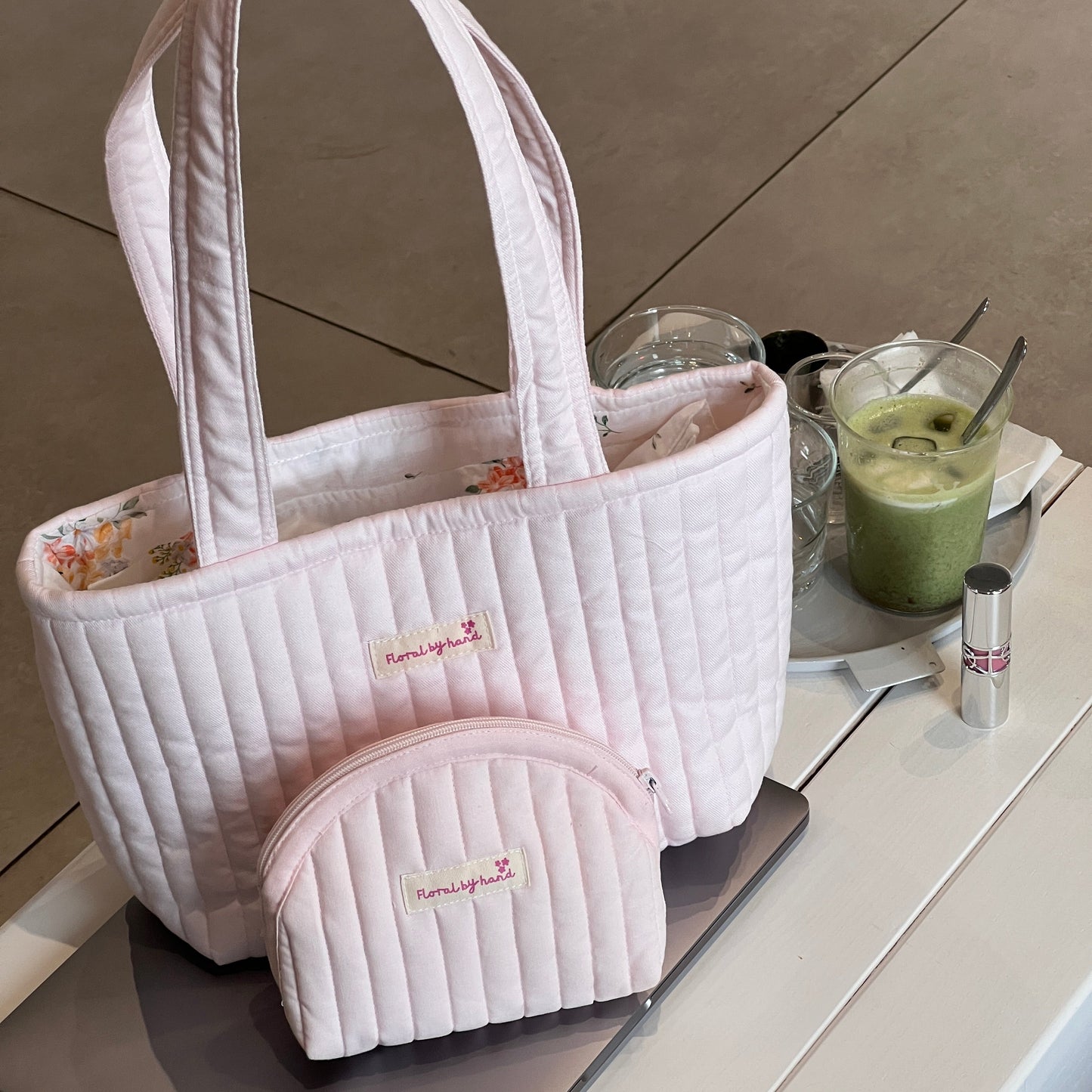 Pastel Pink Quilted Tote Bag - Hand-embroidery optional