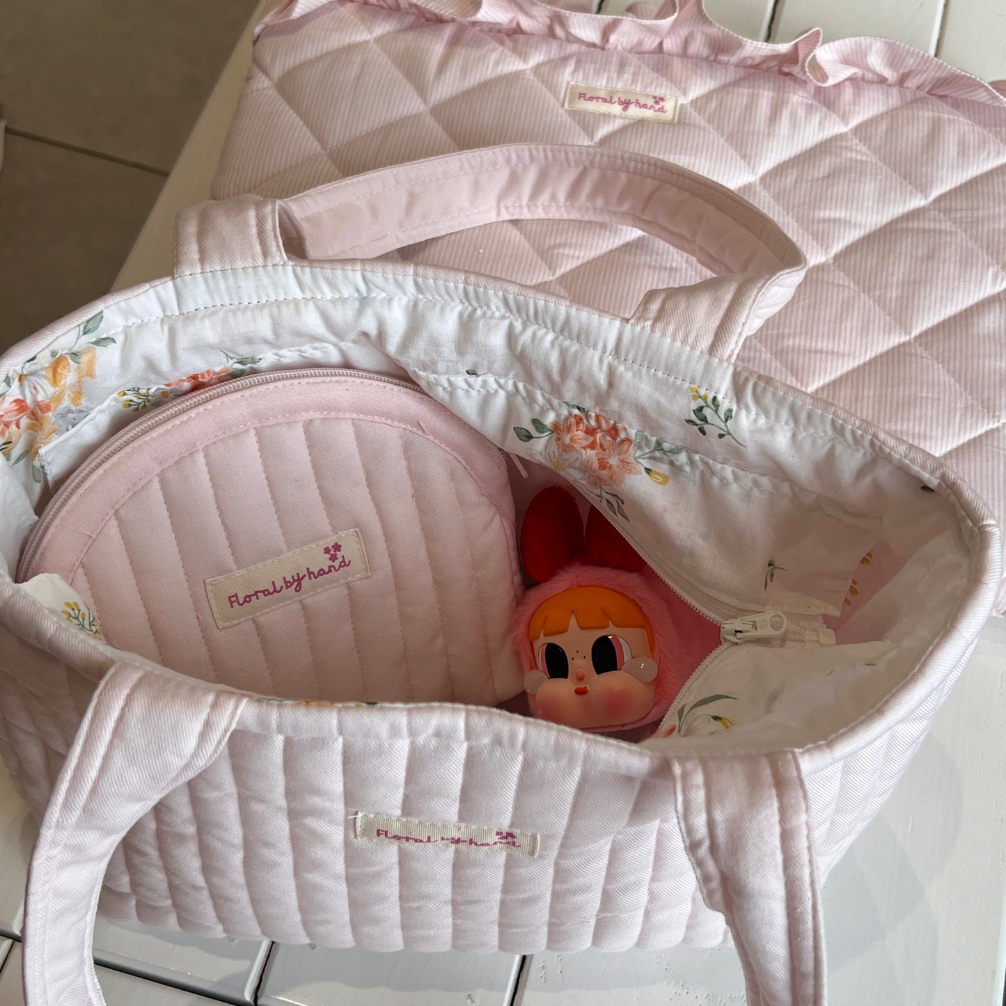 Pastel Pink Quilted Tote Bag - Hand-embroidery