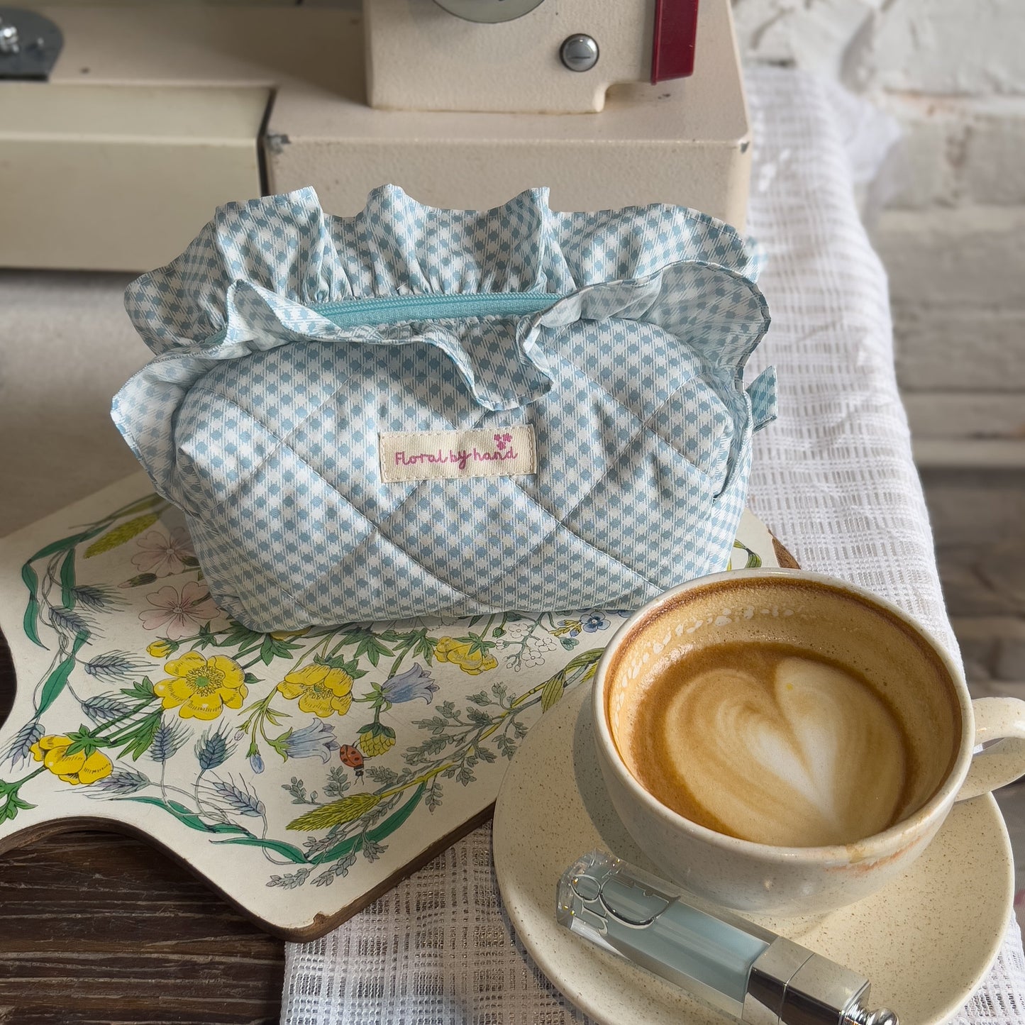 Soft Quilted Cozy Floral Gingham Cosmetic Pouch - Handmade