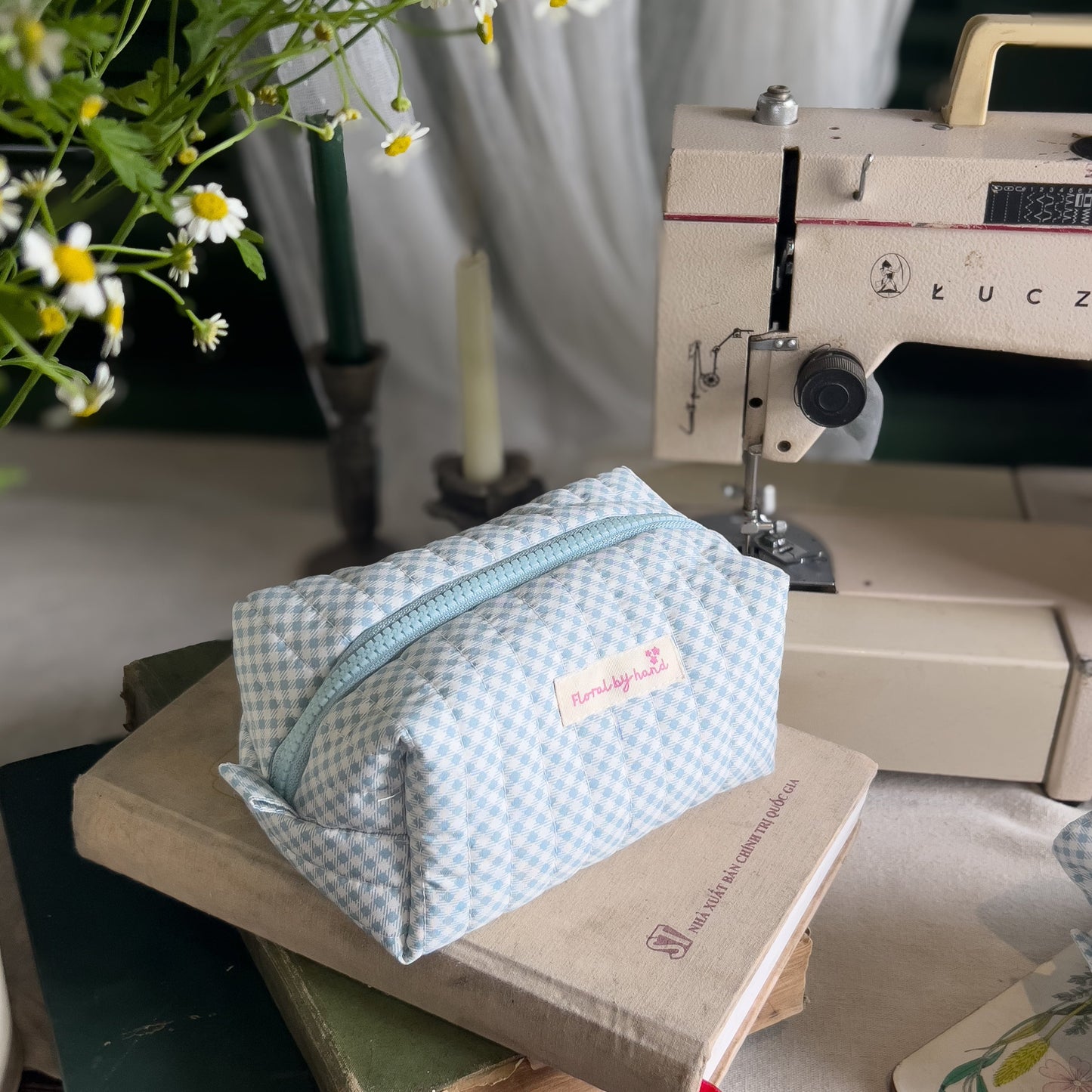Soft Quilted Cozy Floral Gingham Cosmetic Pouch - Handmade