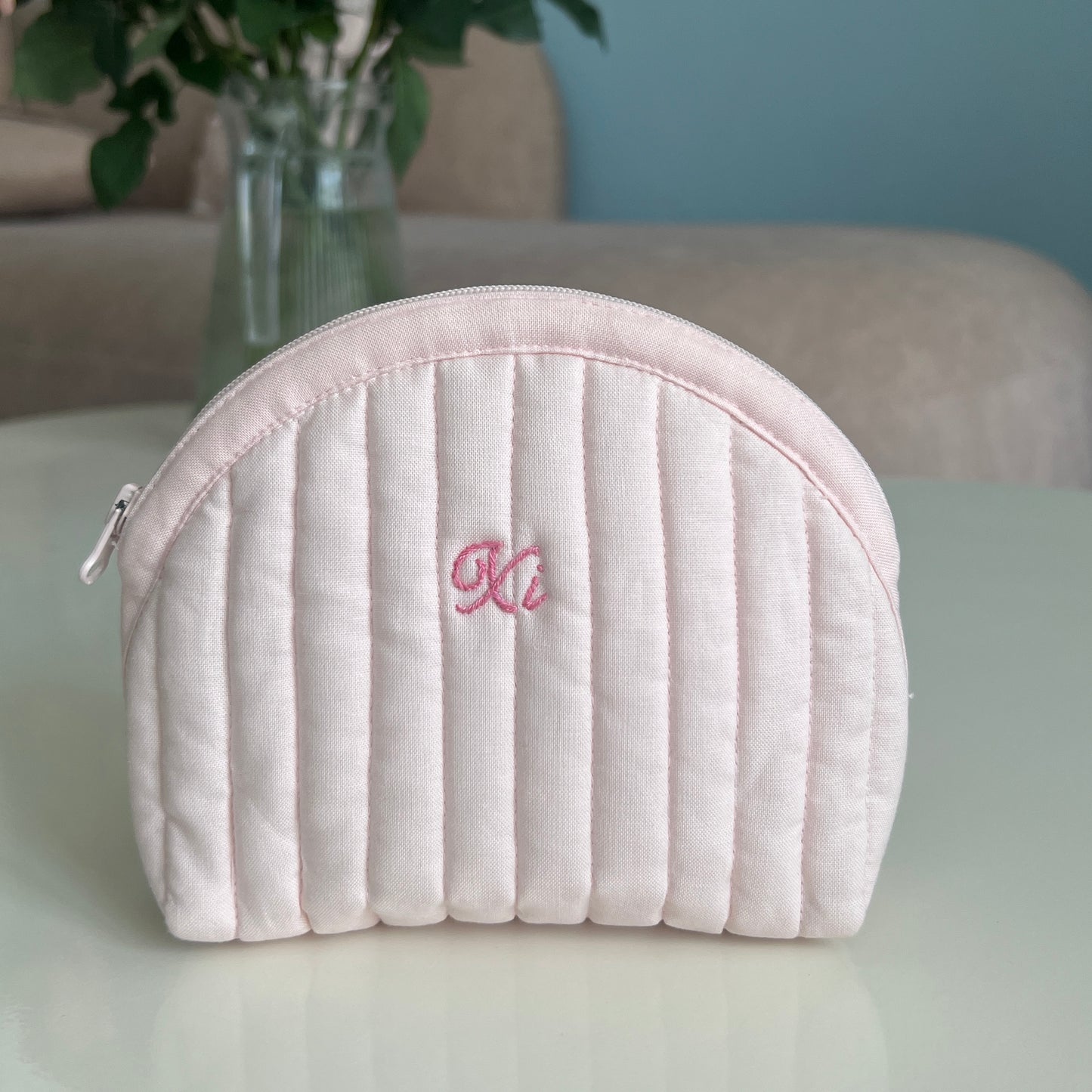 Pastel Pink Ruffle Pouch - Hand-Embroidery