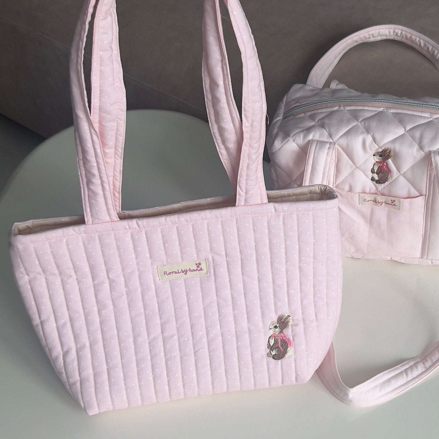 Bunny Embroidery Pink Polka Dots Tote