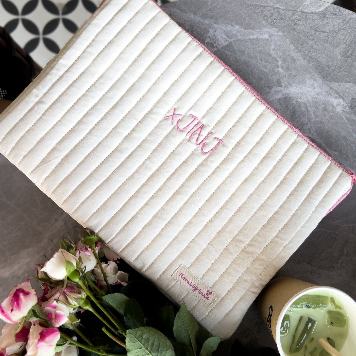 Hand-Embroidered Quilted Laptop Sleeve – Shock-Resistant Pastel Yellow