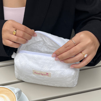 white lace quilted soft cosmetic pouch beauty case make up bag bride bridesmaids gift beautyful in white 