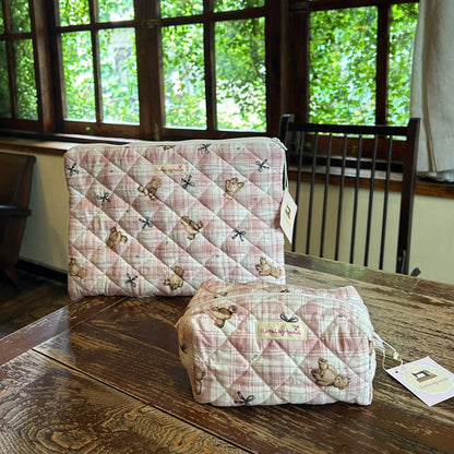 Pink teddy bear quilted 14 inch laptop sleeve in pastel gingham cotton