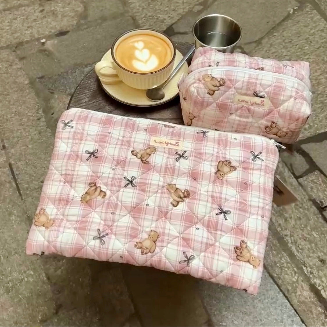 Matching pink teddy bear laptop sleeve and cosmetic pouch handmade gift set