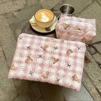 Matching pink teddy bear laptop sleeve and cosmetic pouch handmade gift set