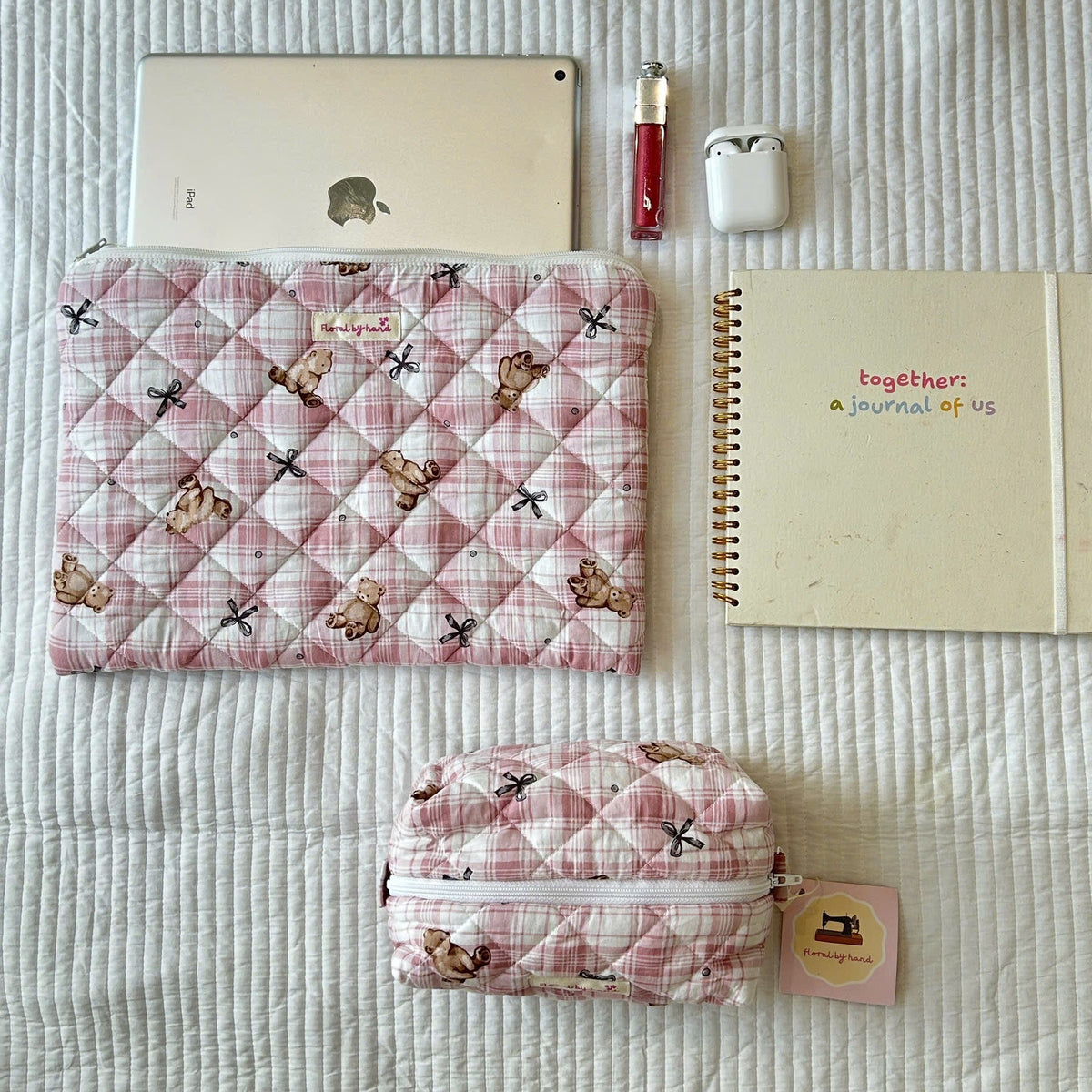matching quilted pink teddy bear laptop sleeve and cosmetic pouch handmade gift set