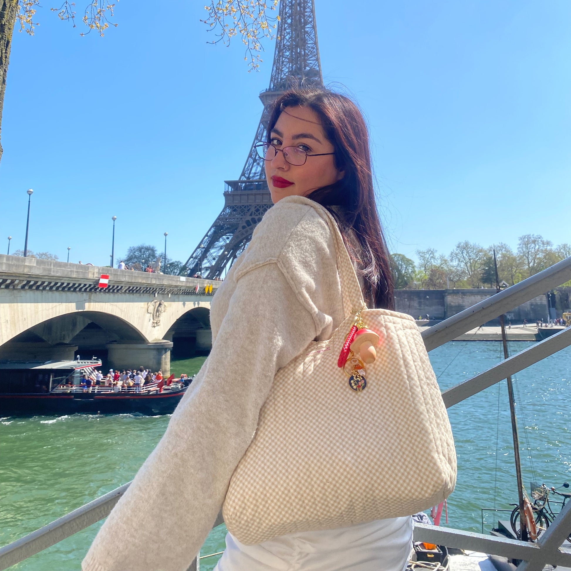 beige cream pastel light brown latte gingham vichy quilted tote bag 