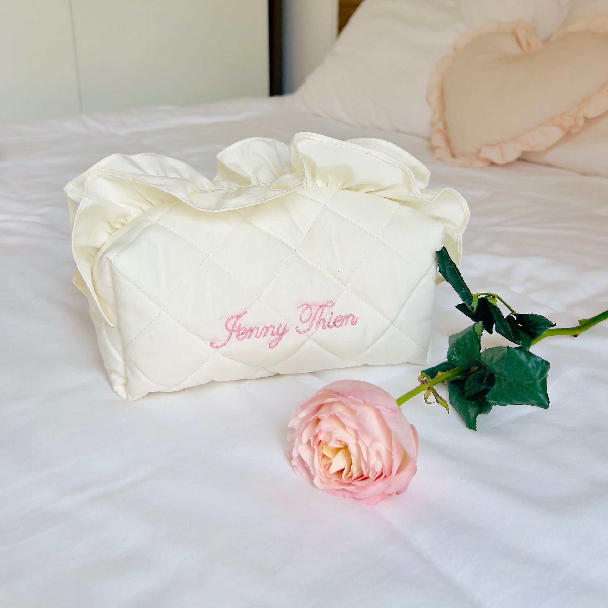 handmade soft quilted pastel pink yellow butter cream white green sage turquoise cosmetic pouch with personalized embroidery name customization ruffles pinterest aesthetic coquette ballerina core makeup bag beauty case vanity girly feminine minimalism princess barbie bridesmaids gift ideal outfit 