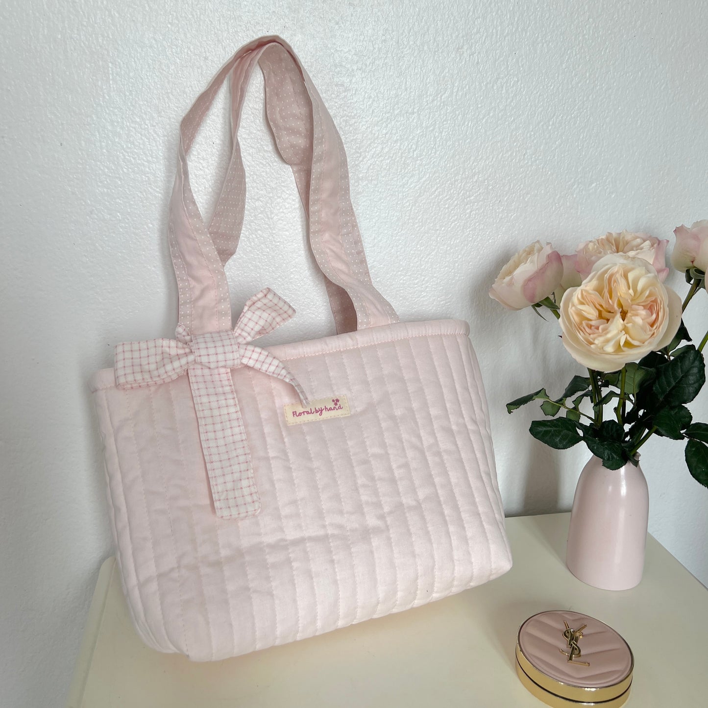 Pastel Pink Quilted Tote Bag - Hand-embroidery