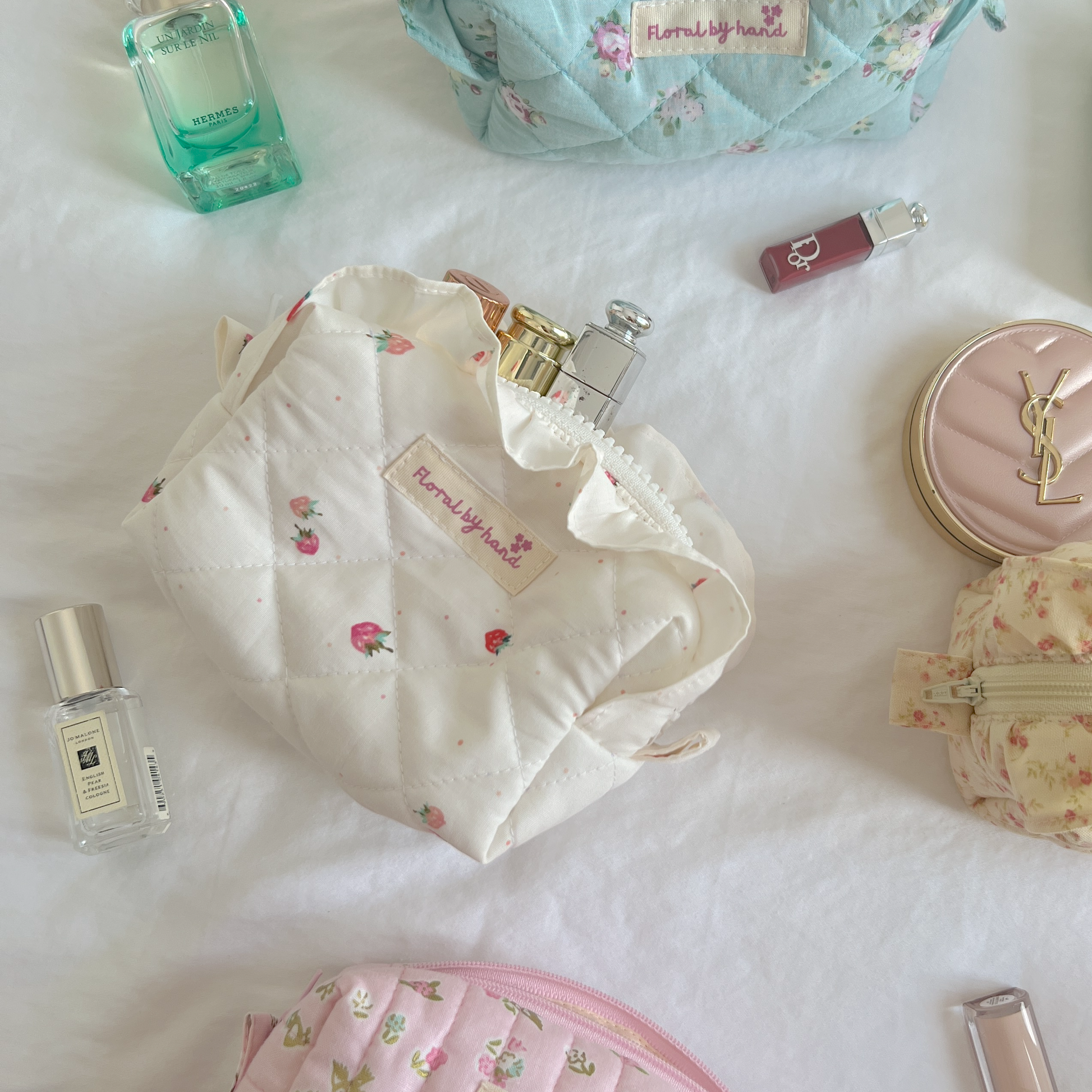 handmade soft cute aesthetic strawberry ruffle cosmetic pouch minimalism white pink pinterest makeup beauty case vanity 