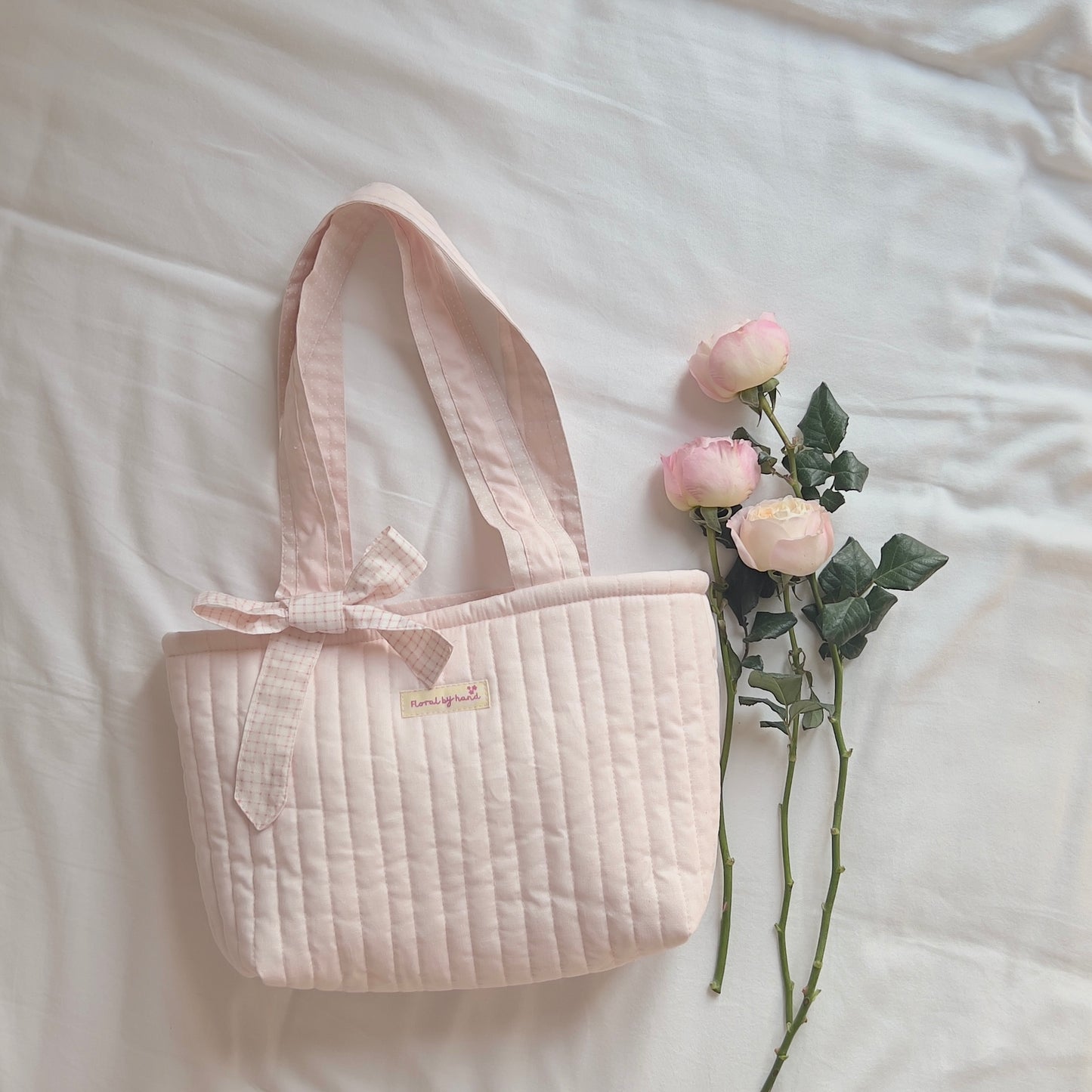 Pastel Pink Quilted Tote Bag - Hand-embroidery
