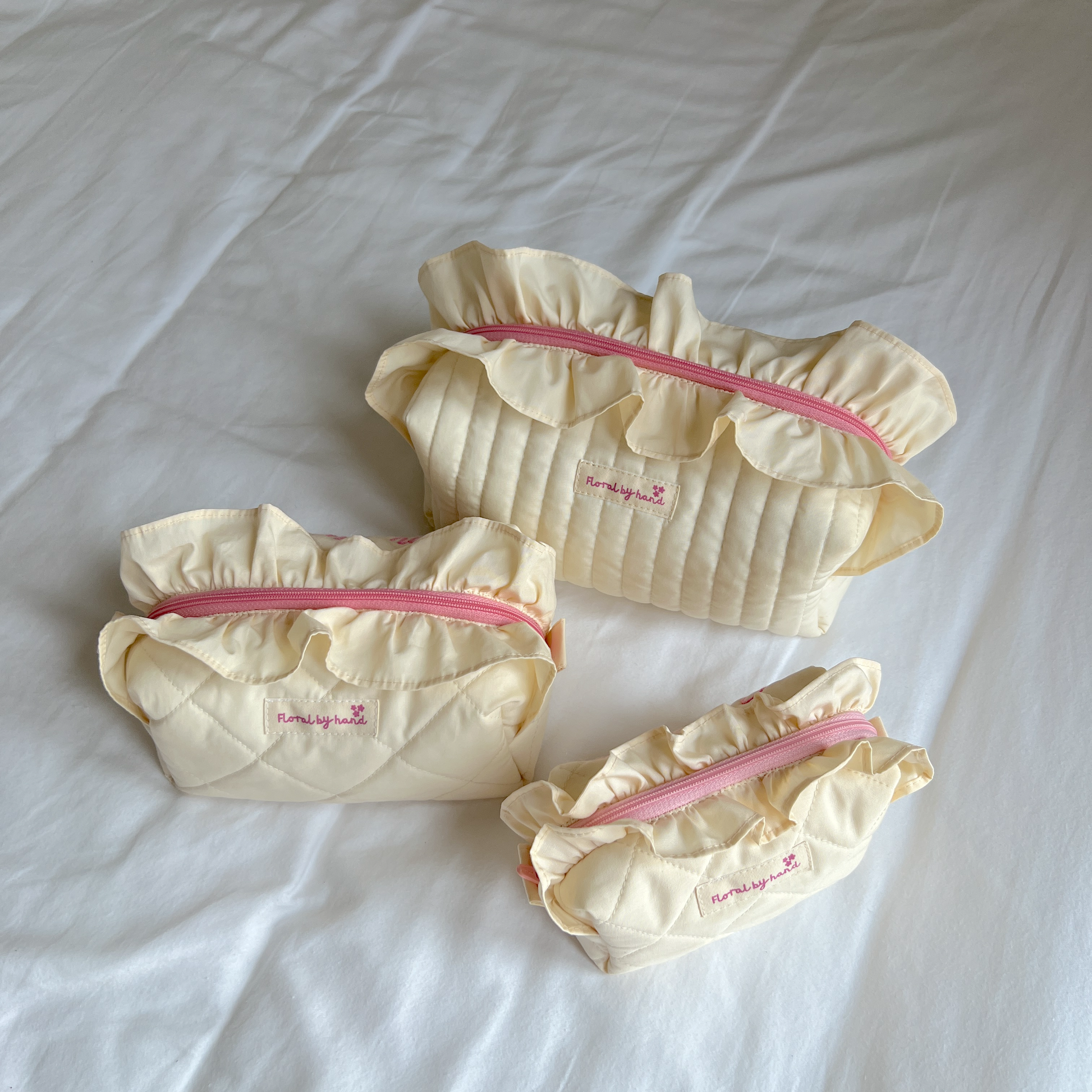 handmade embroidery customization custom ruffles pastel baby yellow pink mint cosmetic pouch make up bag vanity beauty case toiletry coquette aesthetic pinterest barbie ballerina core bridesmaid gift idea for her holiday fall outfits 