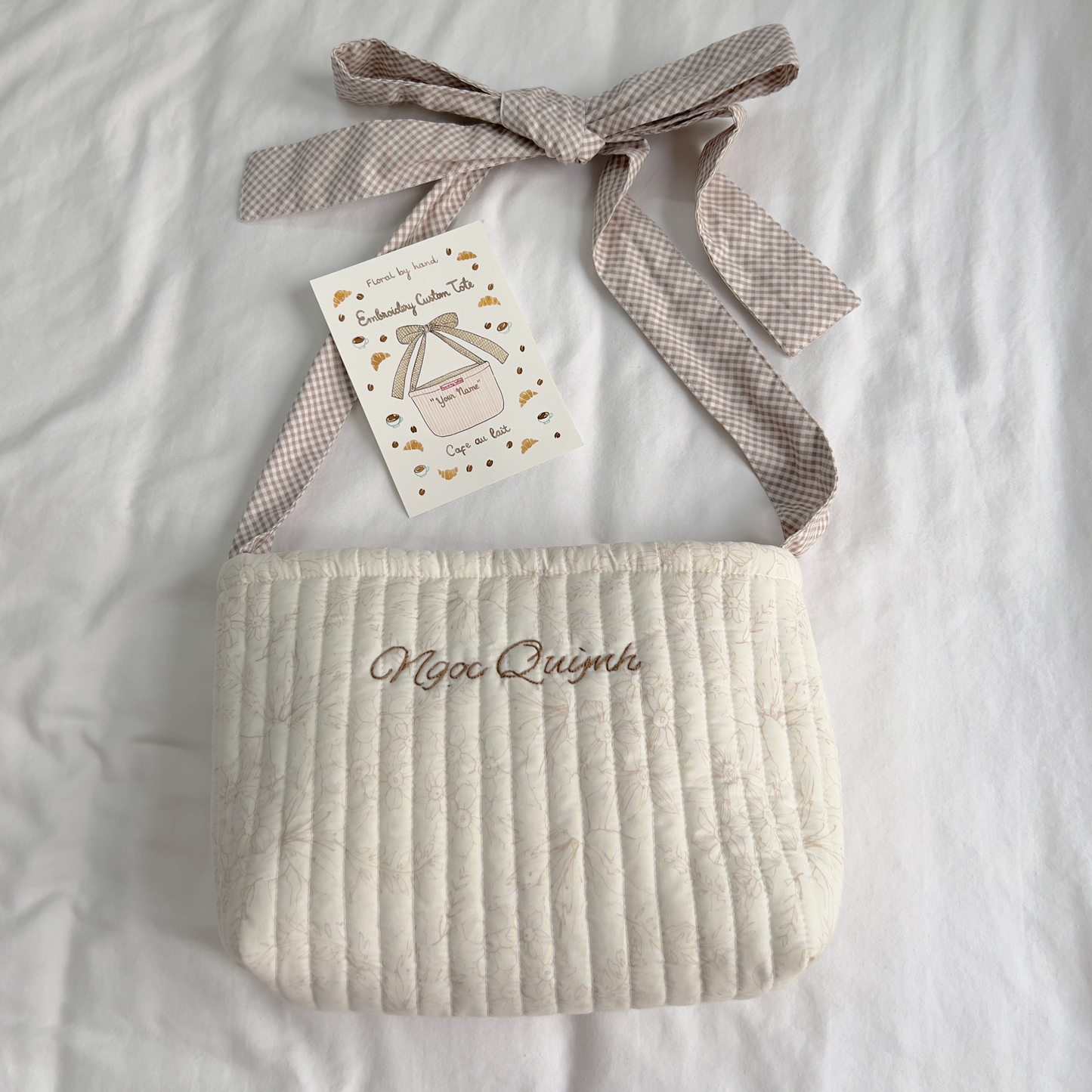 Túi Tote nơ màu kem Cafe au lait - Có thể thêu - Thủ công