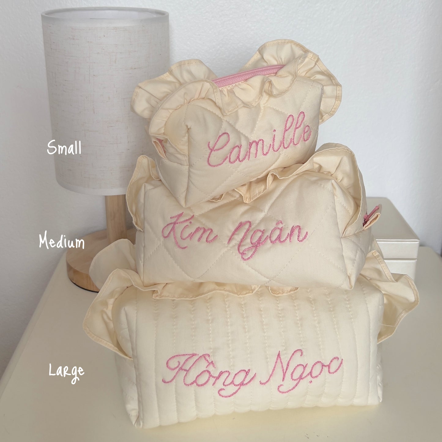 handmade embroidery customization custom ruffles pastel baby yellow pink mint cosmetic pouch make up bag vanity beauty case toiletry coquette aesthetic pinterest barbie ballerina core bridesmaid gift idea for her holiday fall outfits 