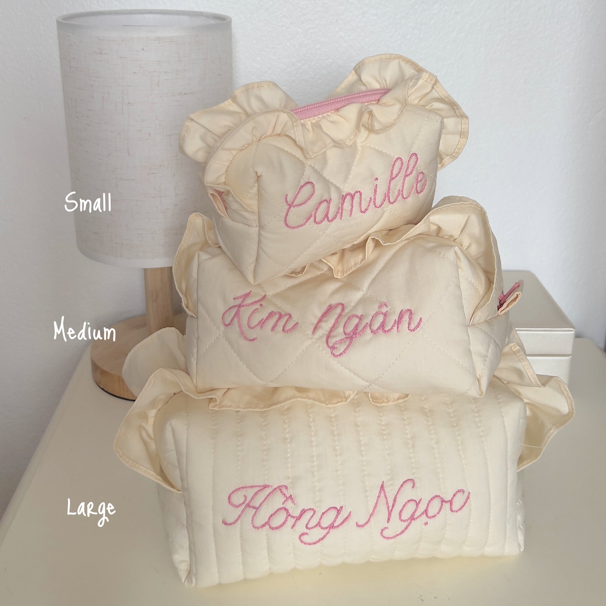 handmade embroidery customization custom ruffles pastel baby yellow pink mint cosmetic pouch make up bag vanity beauty case toiletry coquette aesthetic pinterest barbie ballerina core bridesmaid gift idea for her holiday fall outfits 