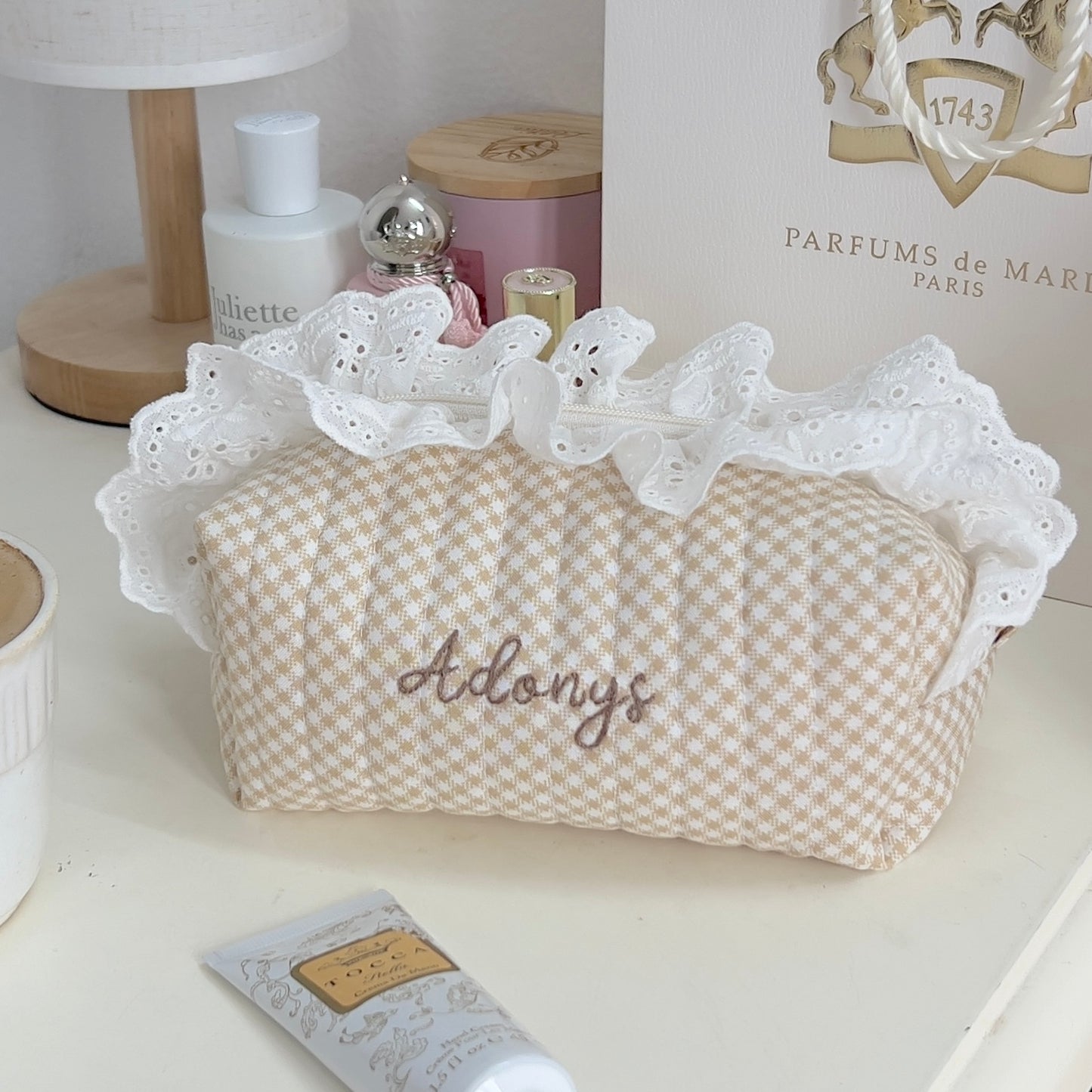 Vanilla Gingham Ruffles Pouch - Hand-embroidery