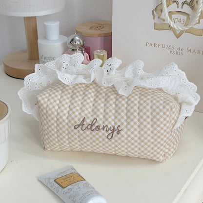 Vanilla Gingham Ruffles Pouch - Hand-embroidery