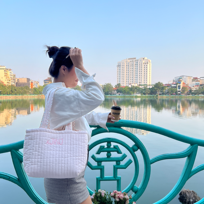 Pastel Pink Quilted Tote Bag - Hand-embroidery