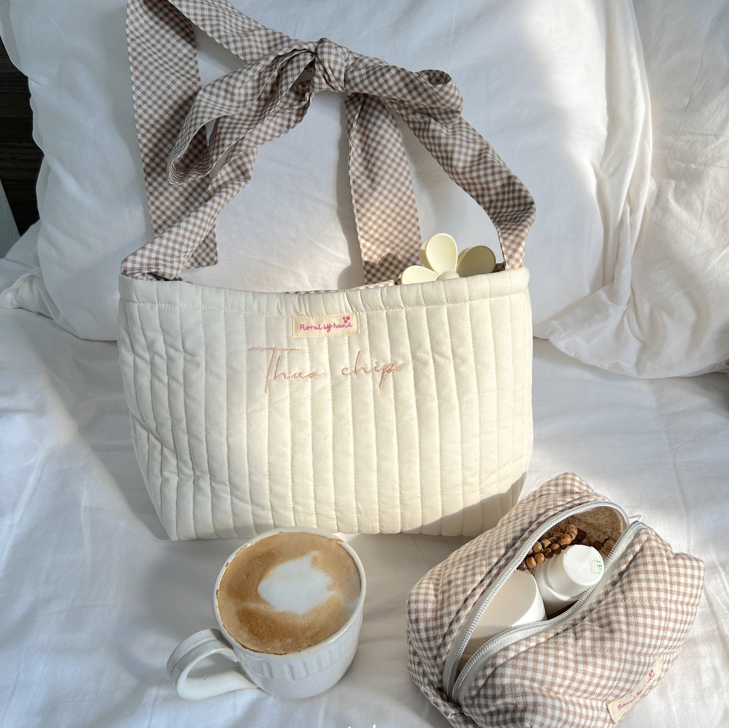 Túi Tote nơ màu kem Cafe au lait - Có thể thêu - Thủ công