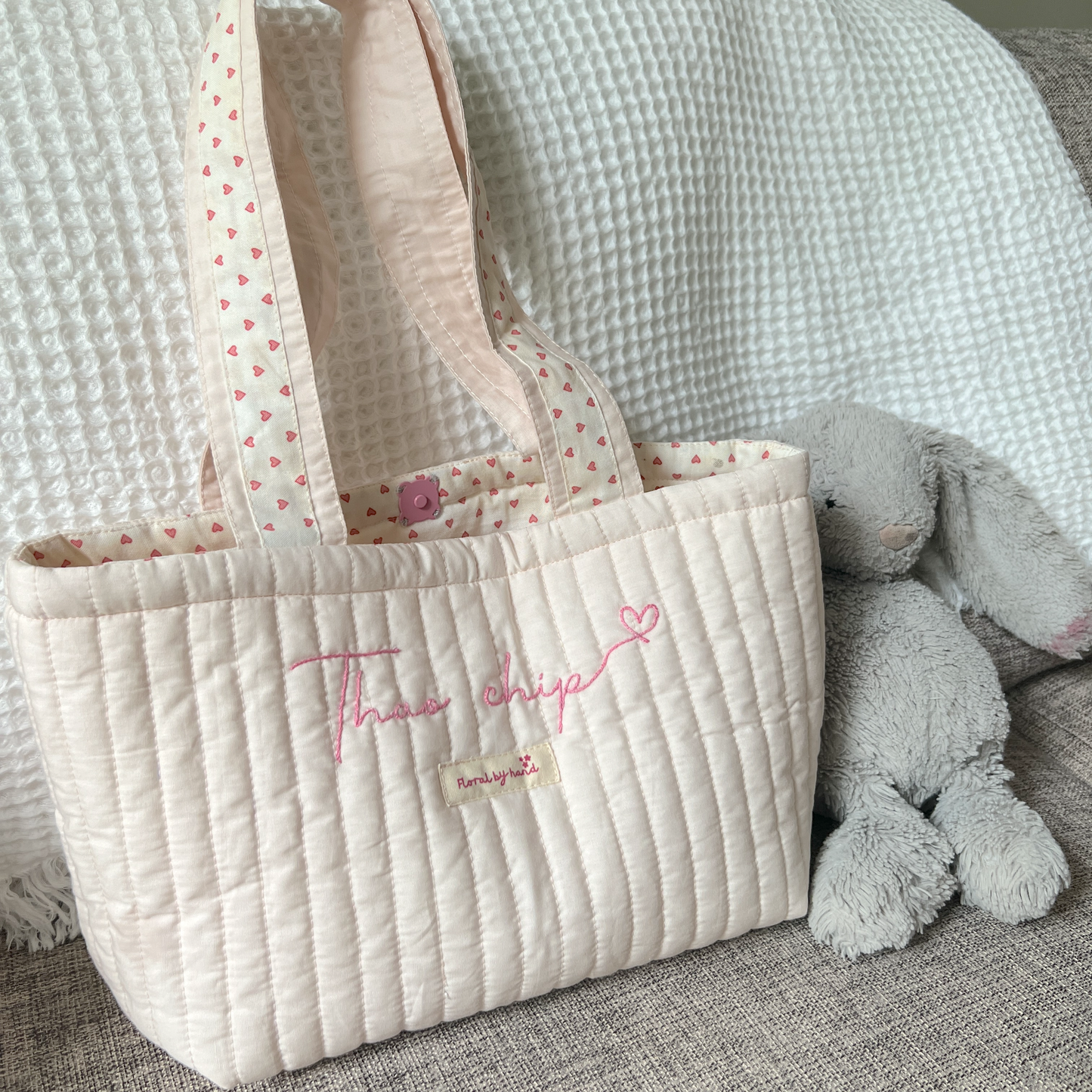 Pastel Pink Quilted Tote Bag - Hand-embroidery