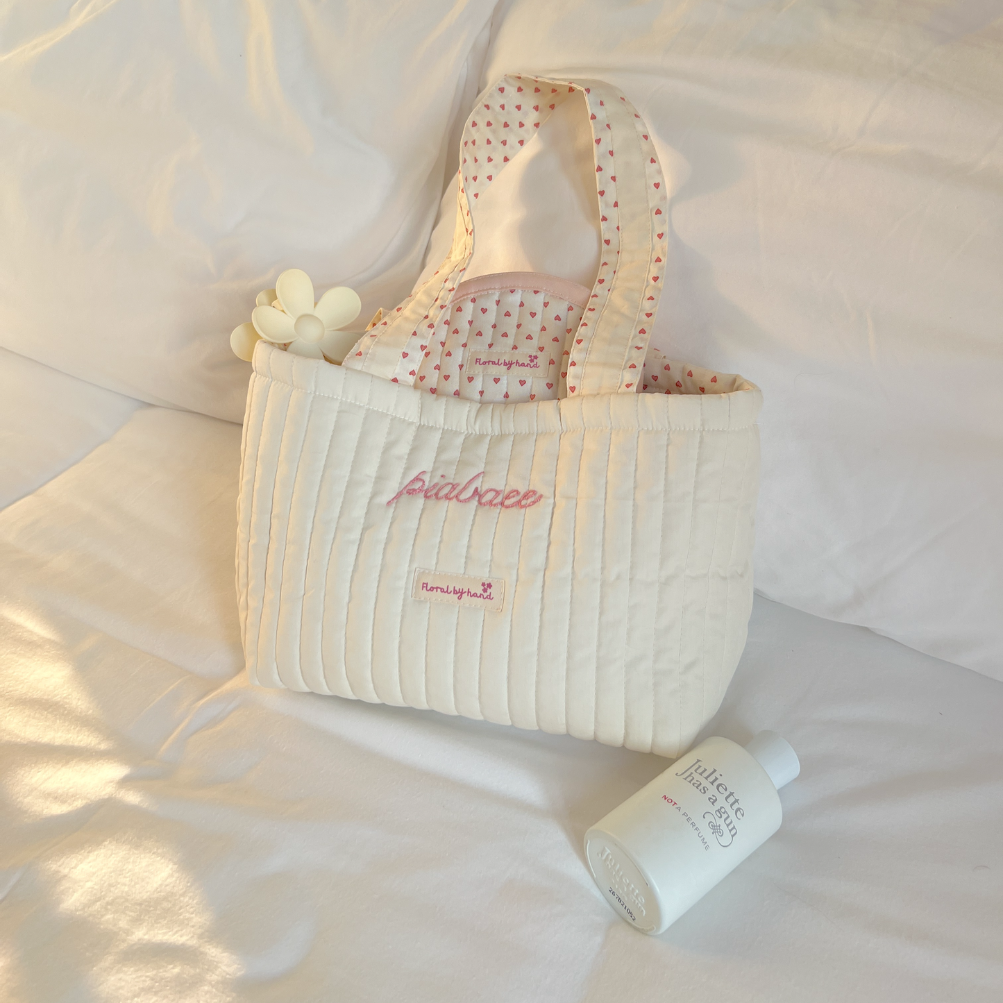 Pastel Pink Quilted Tote Bag - Hand-embroidery