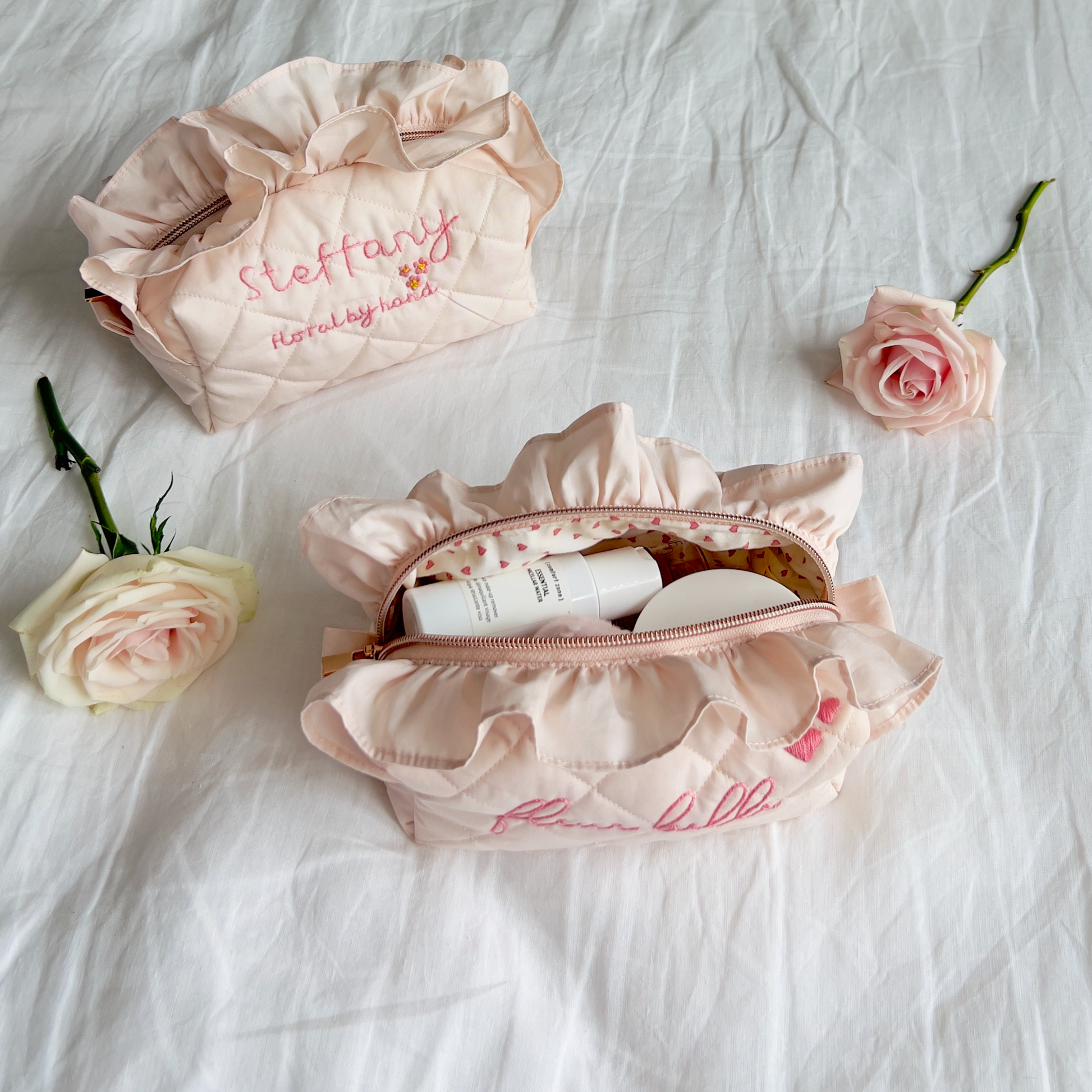 handmade soft quilted pastel pink cosmetic pouch with embroidery name customization ruffles pinterest aesthetic coquette ballerina core makeup bag beauty case vanity girly feminine minimalism princess barbie bridemaids gift idea fall outfit heart 