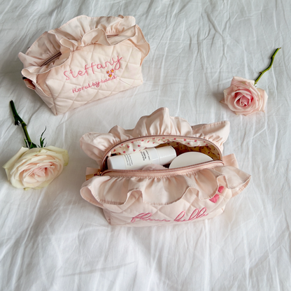 handmade soft quilted pastel pink cosmetic pouch with embroidery name customization ruffles pinterest aesthetic coquette ballerina core makeup bag beauty case vanity girly feminine minimalism princess barbie bridemaids gift idea fall outfit heart 