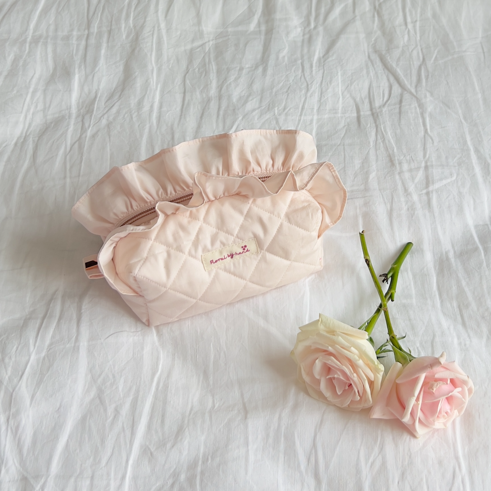 handmade soft quilted pastel pink cosmetic pouch with embroidery name customization ruffles pinterest aesthetic coquette ballerina core makeup bag beauty case vanity girly feminine minimalism princess barbie bridemaids gift idea fall outfit 