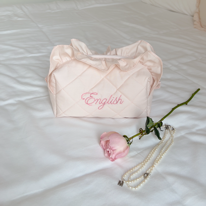 Pastel Pink Ruffle Pouch - Hand-Embroidery