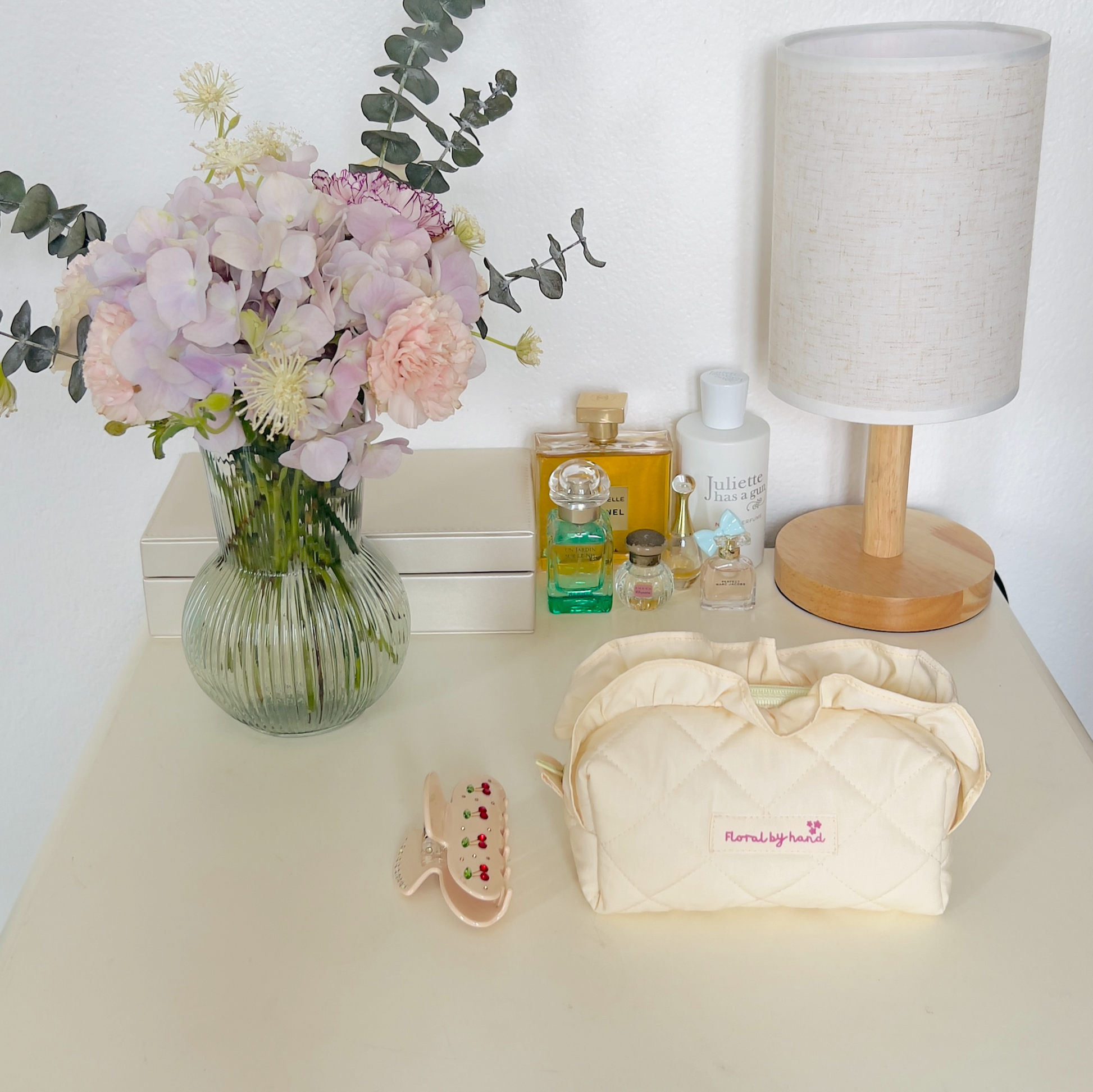 handmade embroidery customization custom ruffles pastel baby yellow pink mint cosmetic pouch make up bag vanity beauty case toiletry coquette aesthetic pinterest barbie ballerina core bridesmaid gift idea for her holiday fall outfits 