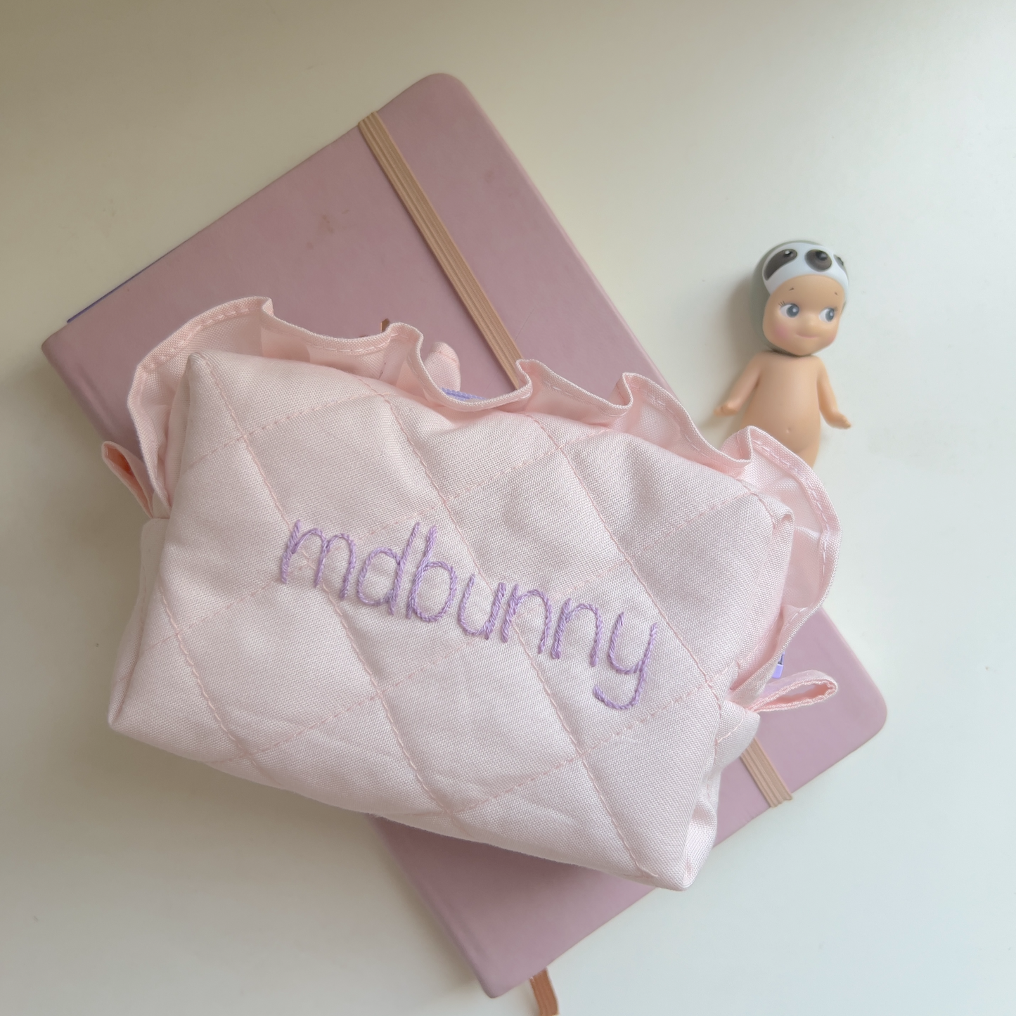 handmade soft quilted pastel pink cosmetic pouch with embroidery name customization ruffles pinterest aesthetic coquette ballerina core makeup bag beauty case vanity girly feminine minimalism princess barbie bridemaids gift idea fall outfit 