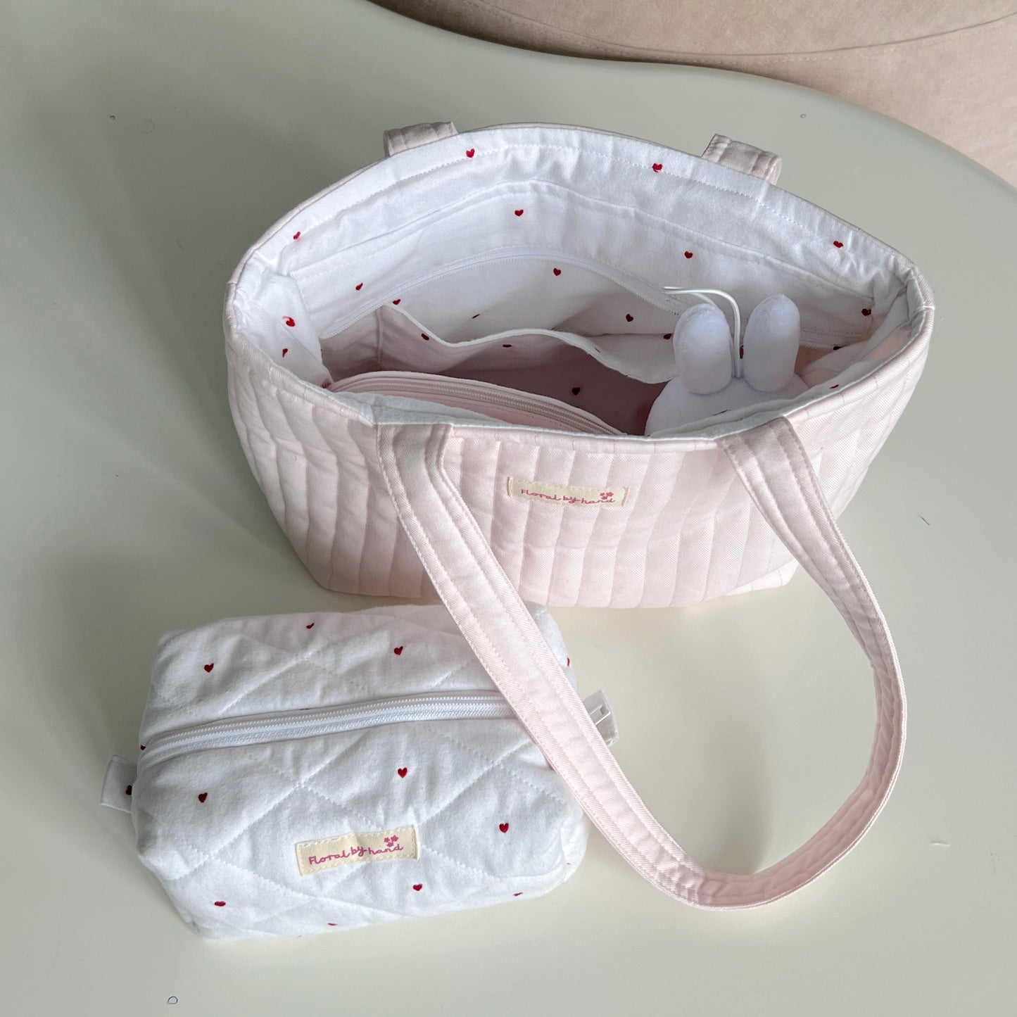 Pastel Pink Quilted Tote Bag - Hand-embroidery optional